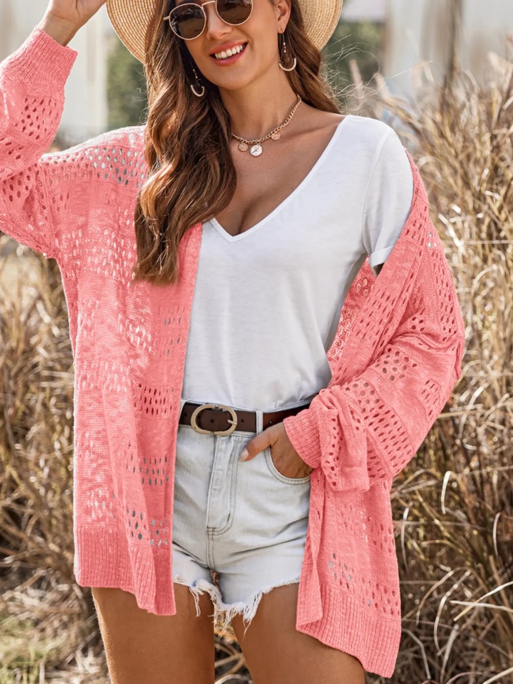 Open-Weave Coral Pink Women's Cardigan Sweater